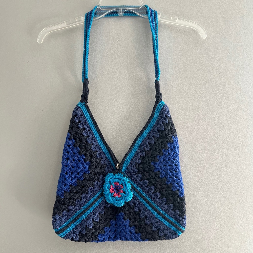 Boho Crochet Shoulder‎ Bag Purse Blue Floral Accent Retro 70s Hippie 11x12